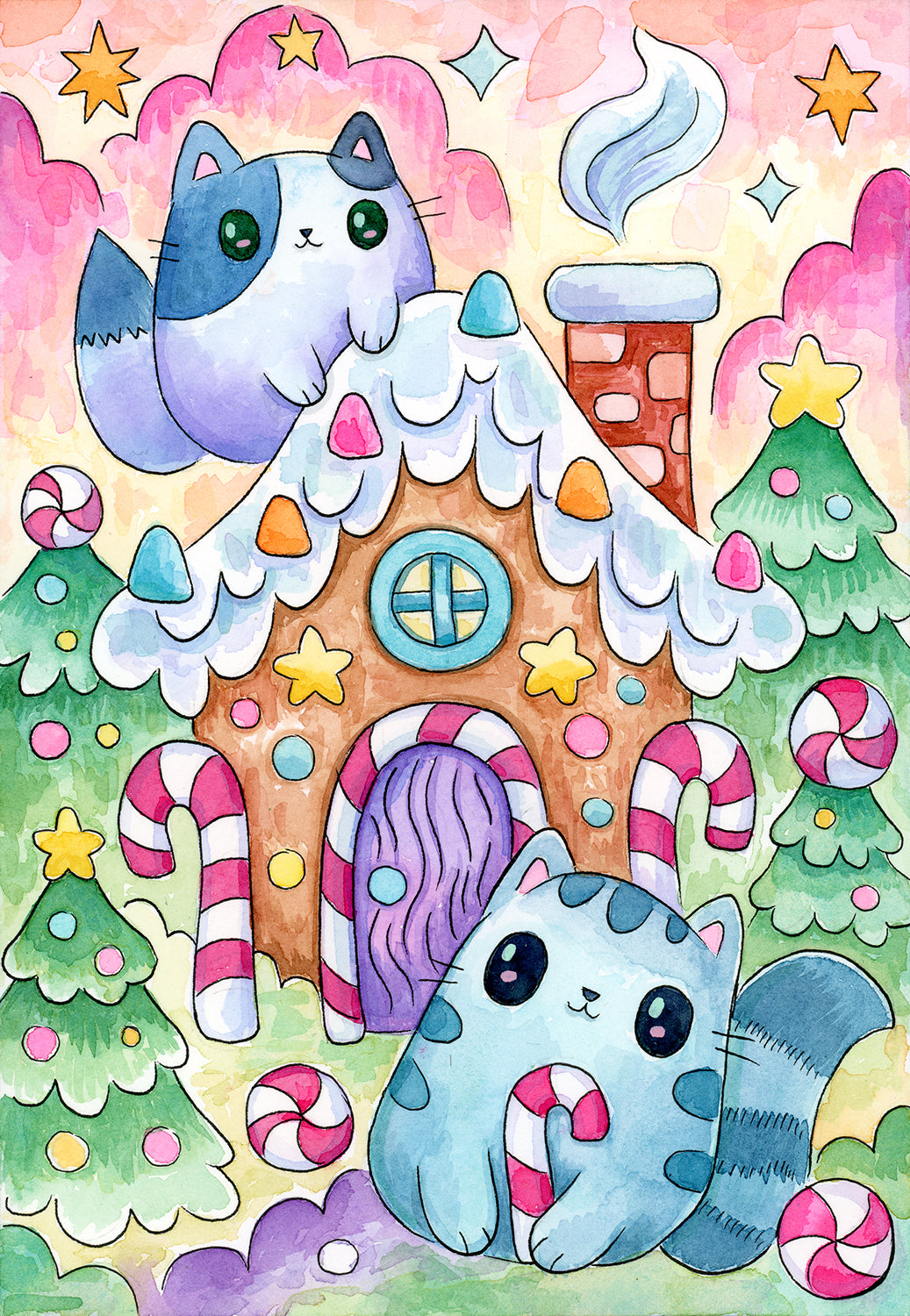 Ginger Bread Neko - Watercolor Painting