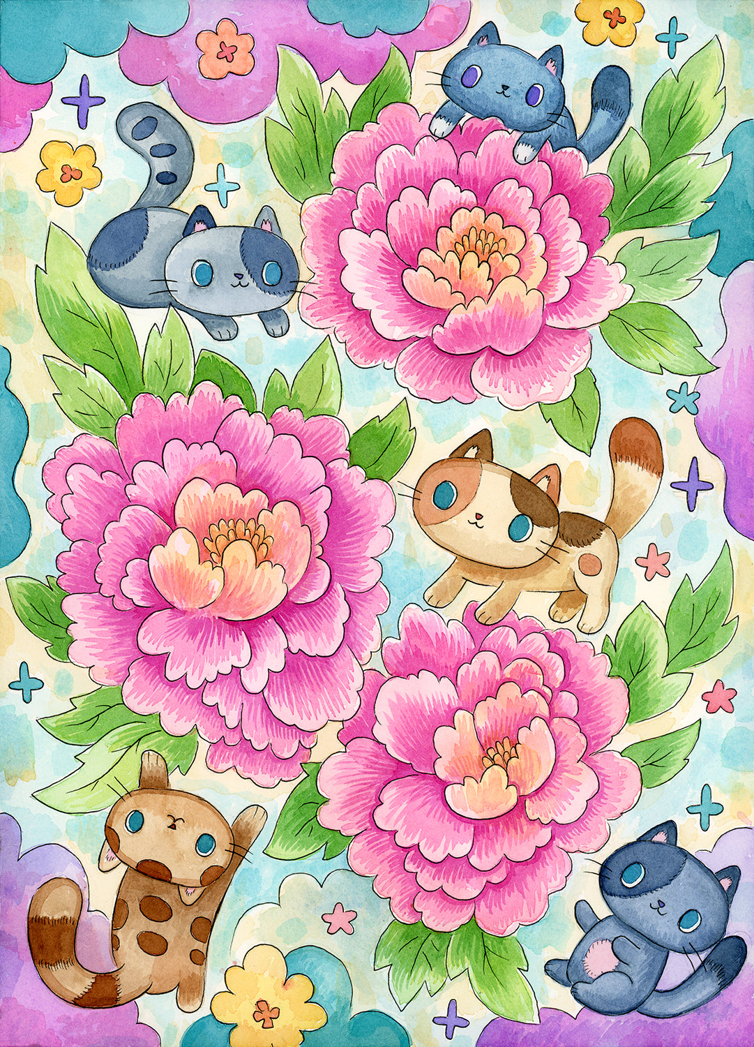 Peonies and Kitties - Watercolor Painting