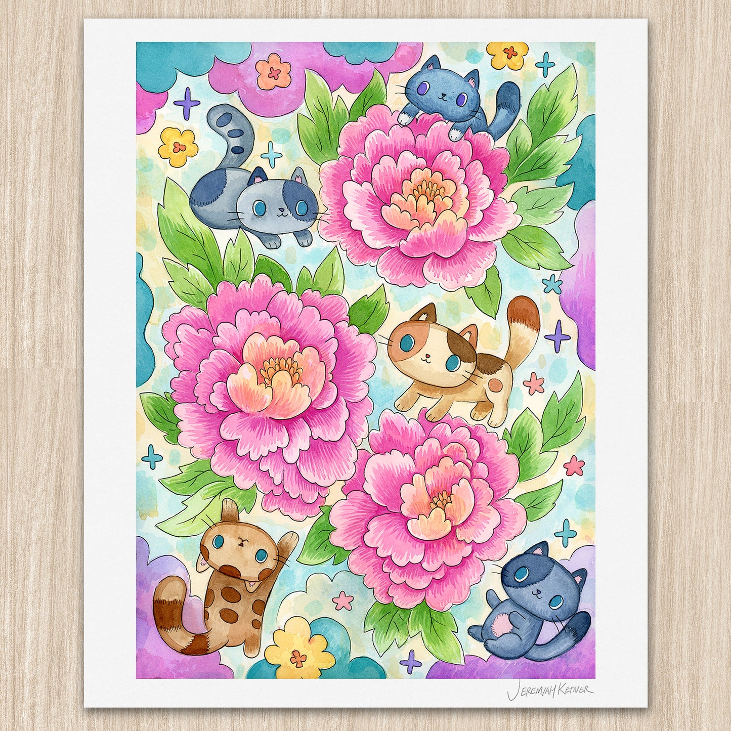 Peonies and Kitties - Art Print