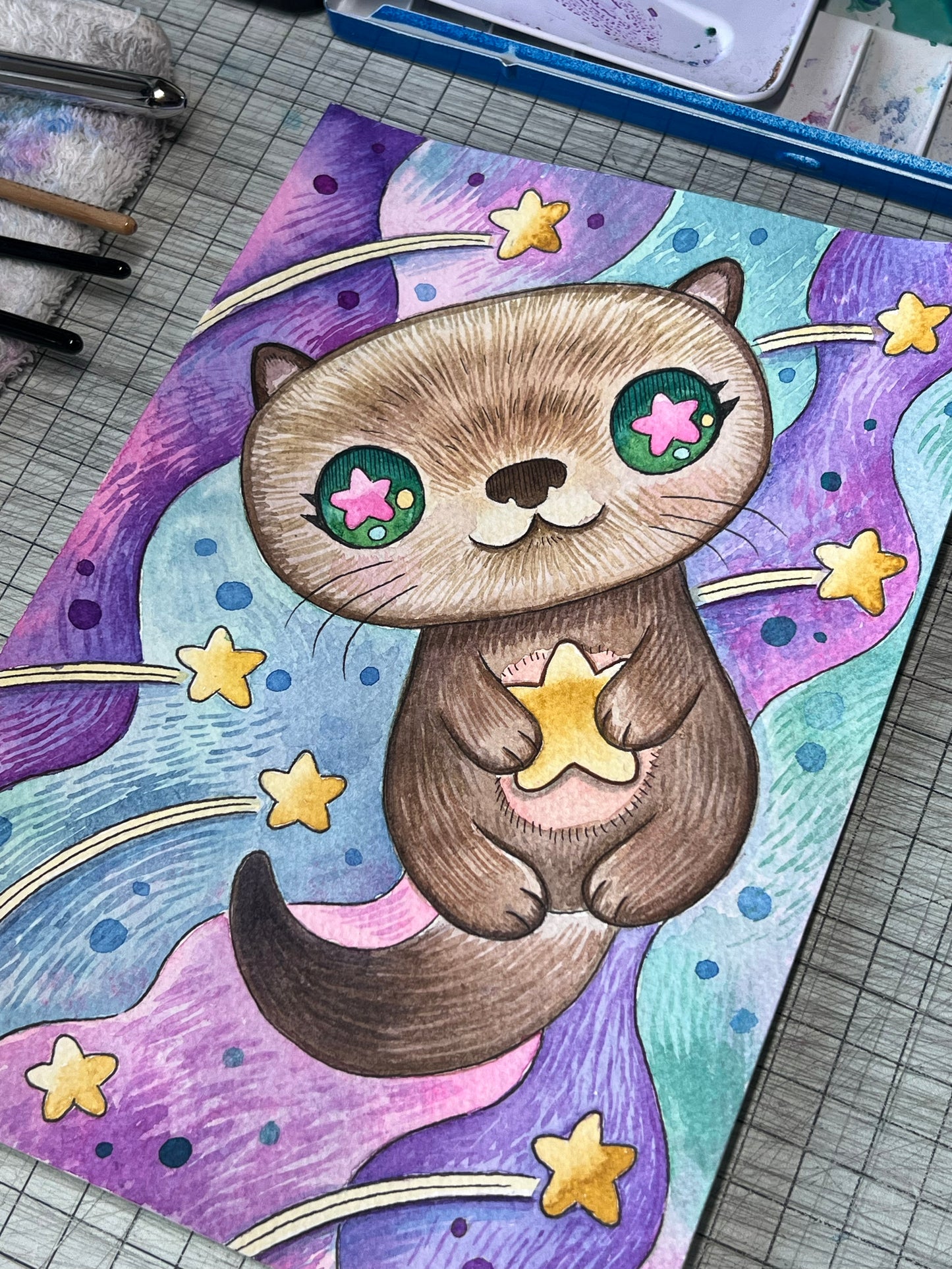Shooting Stars Sea Otter - Watercolor Painting