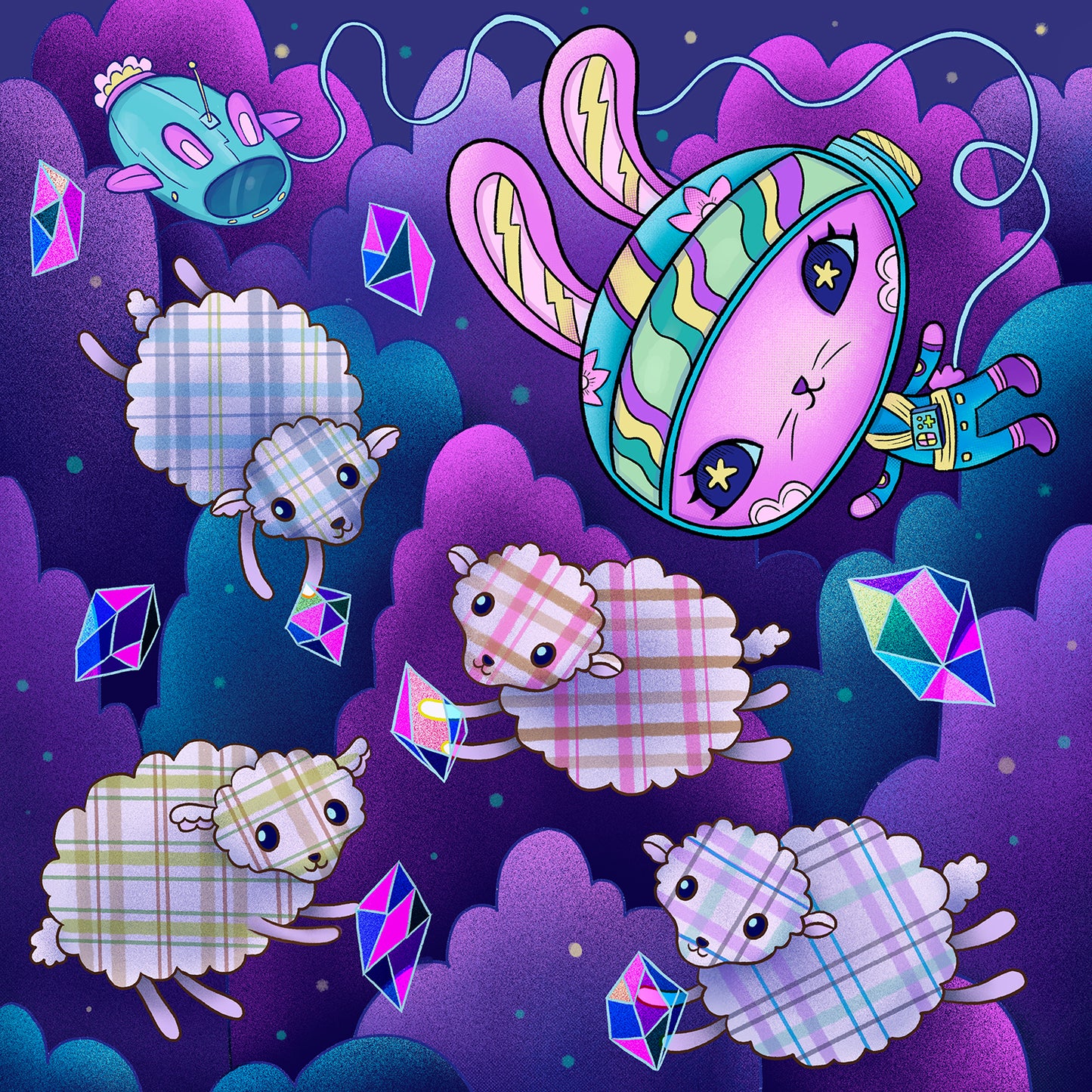 Space Bunny Cloud Sheep Art Prit