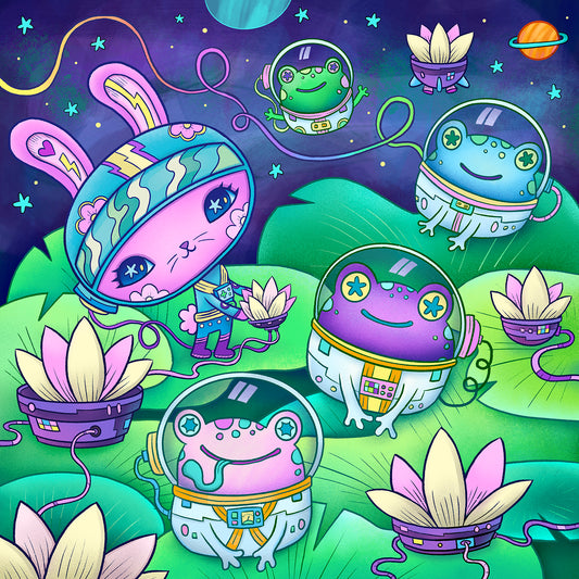 Space Bunny Cyber Frogs Art Print