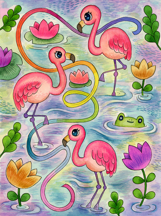Flamingo Wave - Painting, Framed