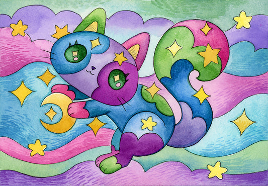 Moon Cat - Watercolor Painting