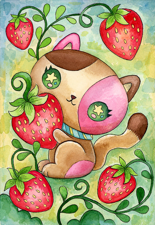 Strawberry Kitty - Watercolor Painting