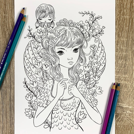 Fairy Friend- Coloring page - Instant Download