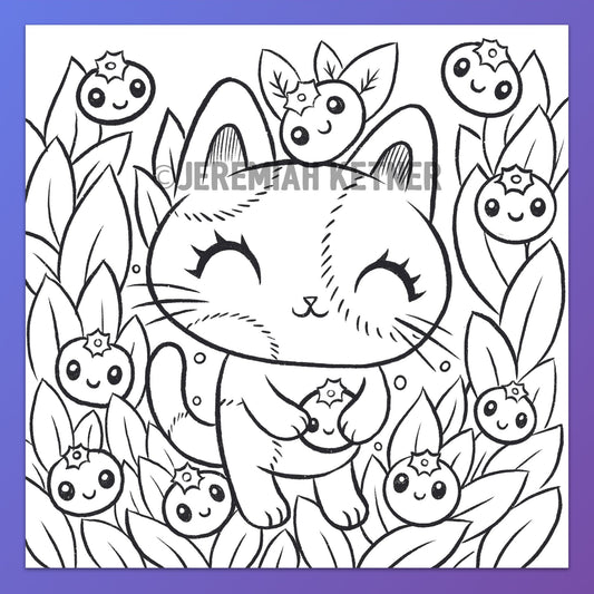 Blueberry Neko - Coloring Page - Instant Download