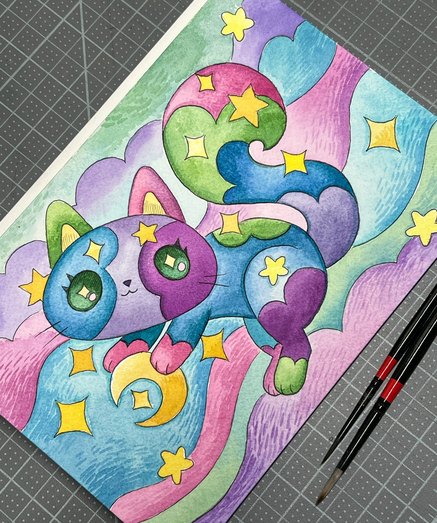 Moon Cat - Watercolor Painting