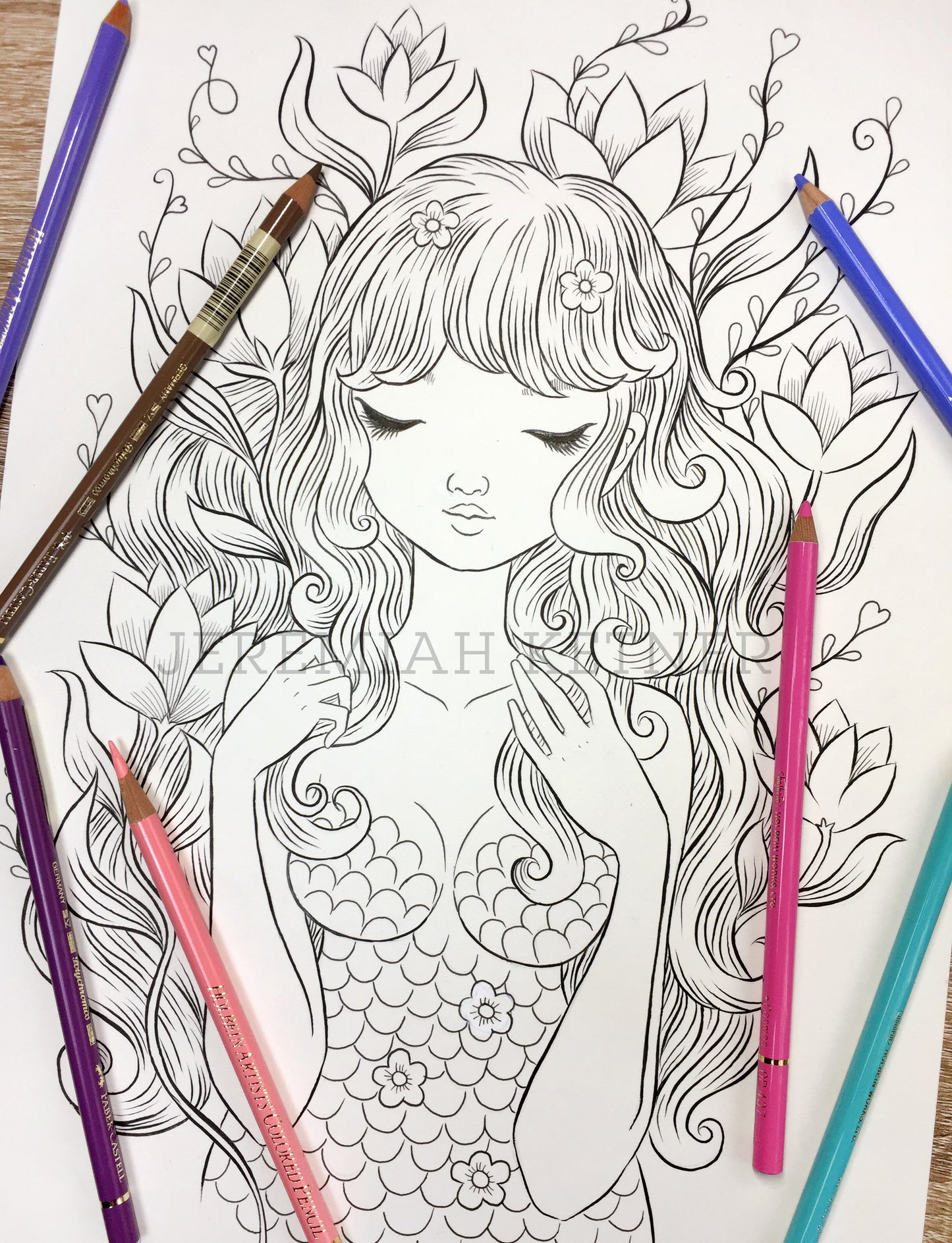 Golden Mermaid - Coloring Page by Jeremiah Ketner - Instant Download