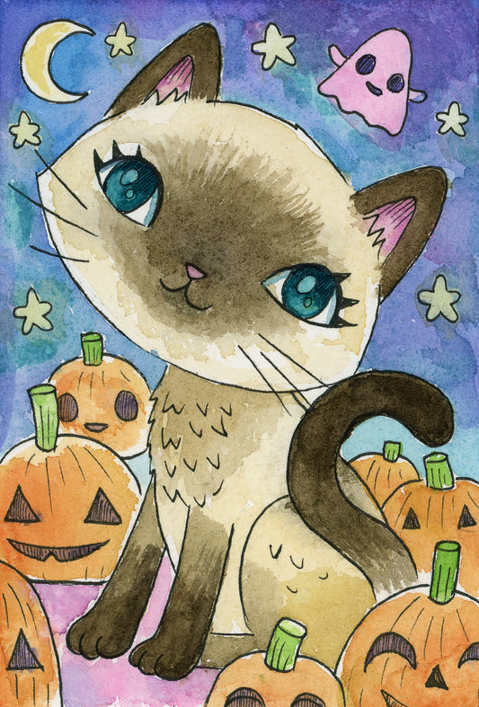 Siamese pumpkin kitty- Mini Print